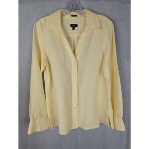 Talbots Pure Irish Linen Blouse Yellow 12Petite Open Collar Long Sleeve Coastal
